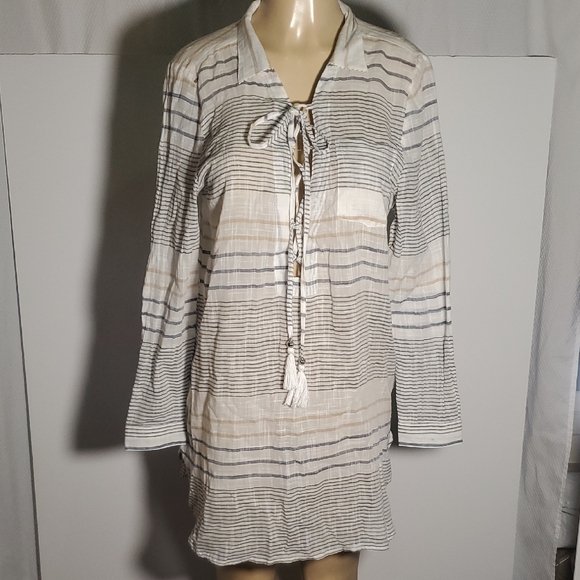 Blue Island Tan and cream Striped Swim Coverup Long Sleeve Tunic Sz M - Picture 1 of 11